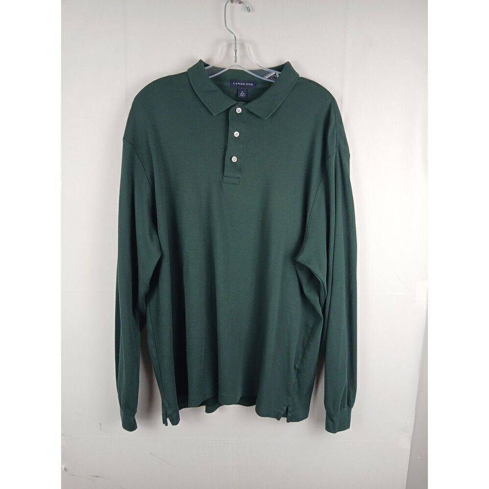 Lands End Polo Shirt Mens Green Size XL Regular Long Sleeve Button Collared Golf